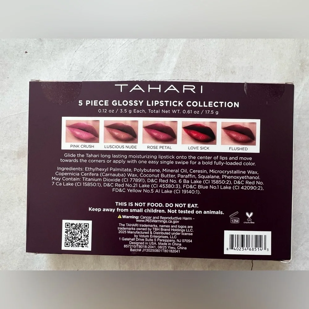 Tahari Lipstick Set 5-Piece Gift Set Glossy Long-Lasting Moisturizing Lipstick